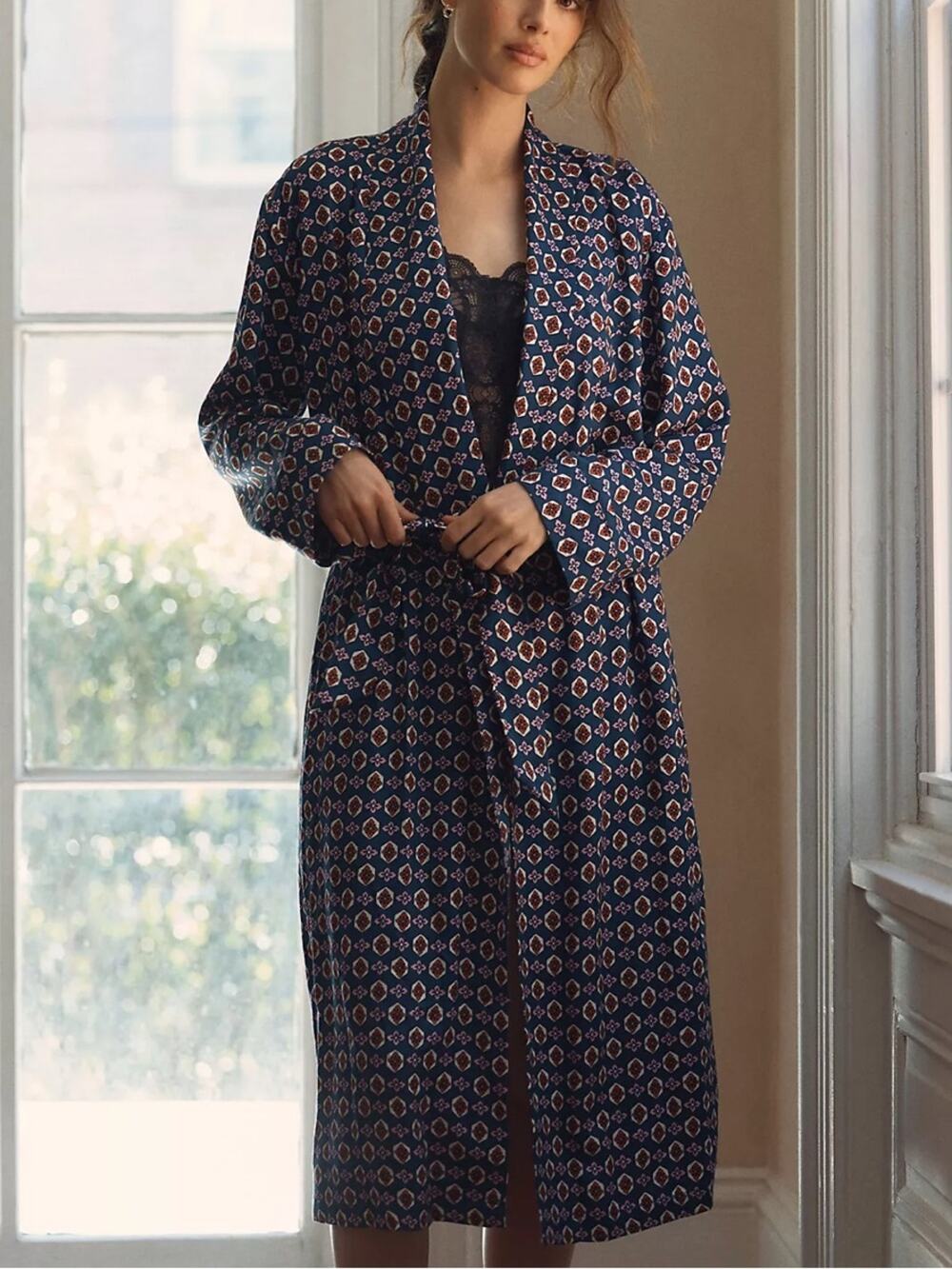 Anthropologie LyreBird Classic Blue Silky Robe - NO BELT size S/M